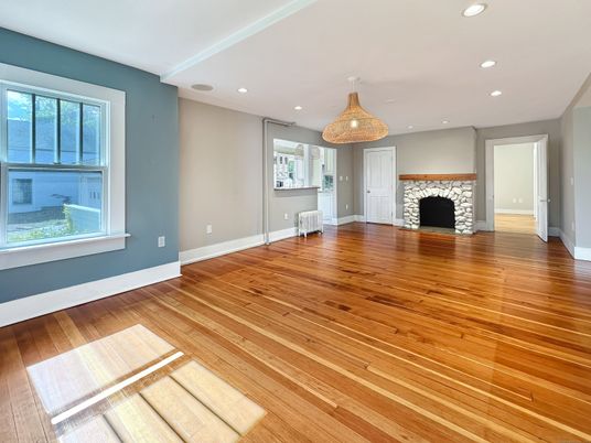 Empty room, Fireplace, Interior, Recessed Lighting, Wood Texture Flooring