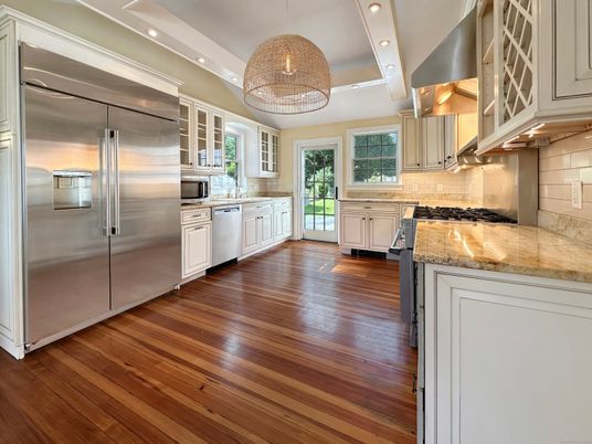 Interior, Kitchen, Pendant Lights, Recessed Lighting, Stainless Steel Appliances, Wood Texture Flooring