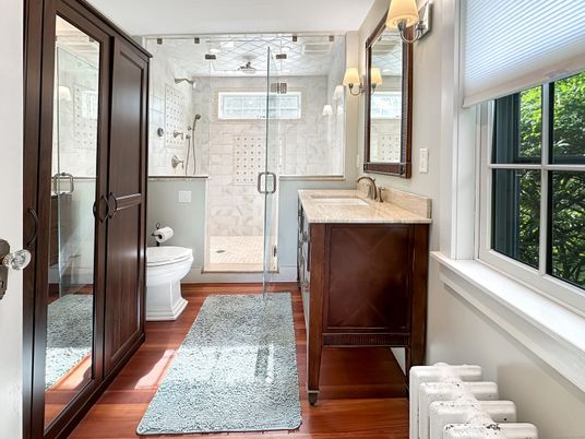 Bathroom, Glass Shower, Interior, Wood Texture Flooring
