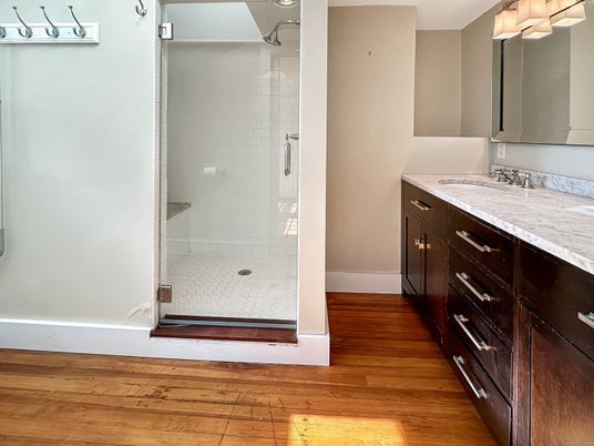 Bathroom, Glass Shower, Interior, Wood Texture Flooring