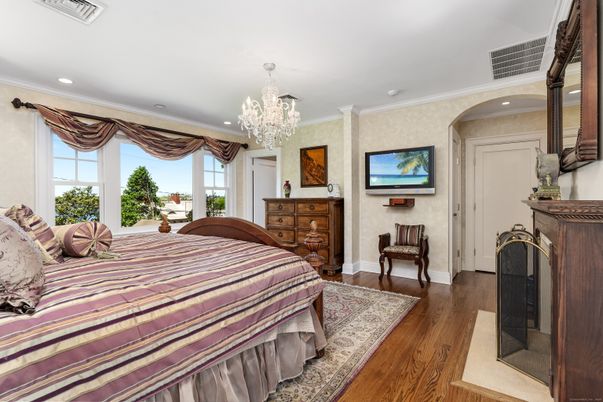 Bedroom, Chandelier, Interior, Recessed Lighting, Wood Texture Flooring