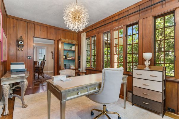 Chandelier, Home Office, Interior, Wood Texture Flooring, Wooden Walls