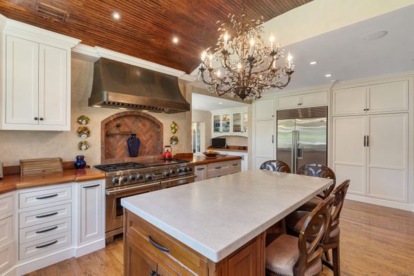 Chandelier, Interior, Kitchen, Recessed Lighting, Stainless Steel Appliances, Wood Texture Flooring