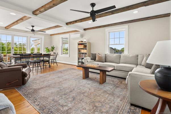 Dining room, Interior, Living room, Recessed Lighting, Wooden Beams, Wood Texture Flooring
