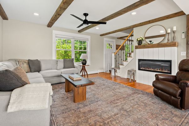 Fireplace, Interior, Living room, Recessed Lighting, Wooden Beams, Wood Texture Flooring