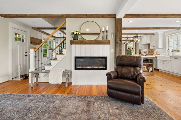 Fireplace, Interior, Kitchen, Pendant Lights, Recessed Lighting, Wooden Beams, Wood Texture Flooring