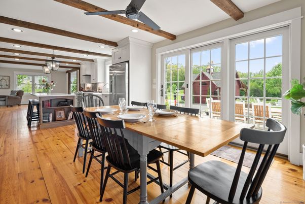 Dining room, Interior, Kitchen, Pendant Lights, Recessed Lighting, Stainless Steel Appliances, Wooden Beams, Wood Texture Flooring