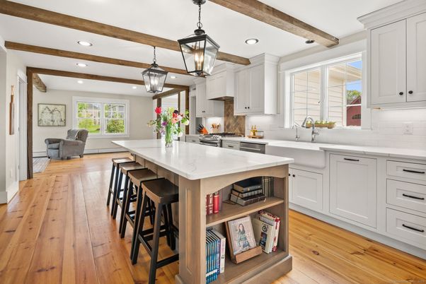 Interior, Kitchen, Pendant Lights, Recessed Lighting, Wooden Beams, Wood Texture Flooring