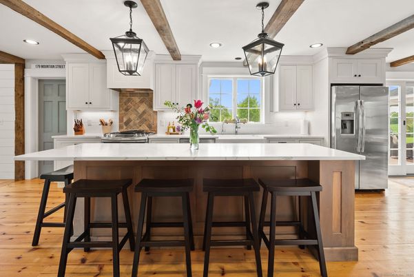Interior, Kitchen, Pendant Lights, Recessed Lighting, Stainless Steel Appliances, Wooden Beams, Wood Texture Flooring