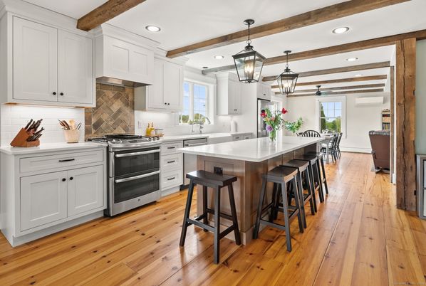 Interior, Kitchen, Pendant Lights, Recessed Lighting, Stainless Steel Appliances, Wooden Beams, Wood Texture Flooring