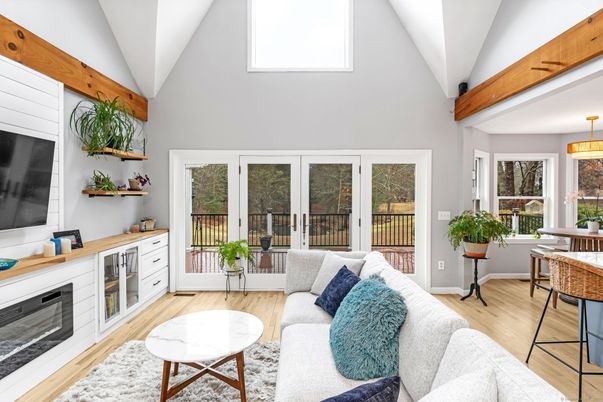 Dining room, Fireplace, Interior, Living room, Pendant Lights, Wooden Beams, Wood Texture Flooring
