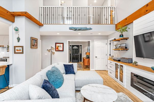 Fireplace, Interior, Living room, Recessed Lighting, Wood Texture Flooring