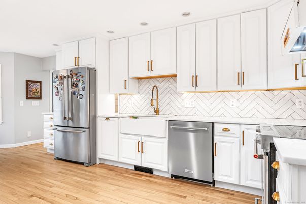 Interior, Kitchen, Recessed Lighting, Stainless Steel Appliances, Wood Texture Flooring