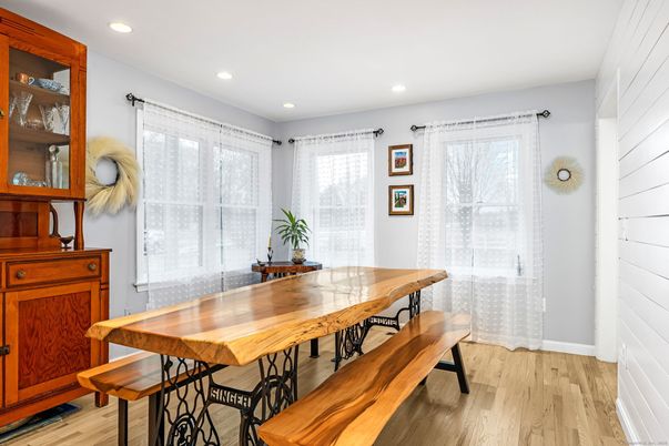 Dining room, Interior, Recessed Lighting, Wood Texture Flooring