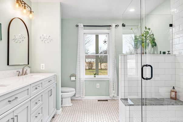 Bathroom, Dual Sink Vanities, Glass Shower, Interior, Recessed Lighting