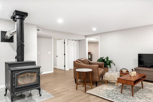 Fireplace, Interior, Recessed Lighting, Wood Texture Flooring