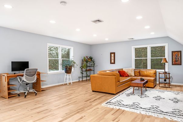Home Office, Interior, Living room, Recessed Lighting, Wood Texture Flooring
