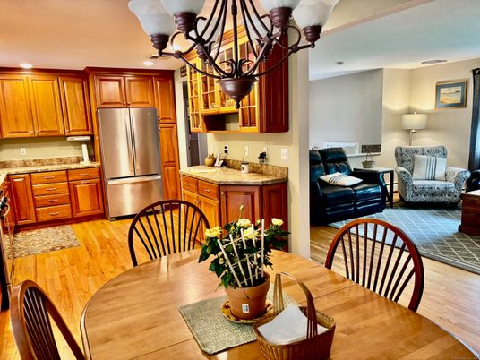 Chandelier, Dining room, Interior, Kitchen, Living room, Recessed Lighting, Stainless Steel Appliances, Wood Texture Flooring