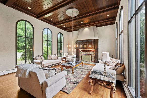 Fireplace, Interior, Living room, Pendant Lights, Recessed Lighting, Wooden Beams, Wooden Ceilings, Wood Texture Flooring