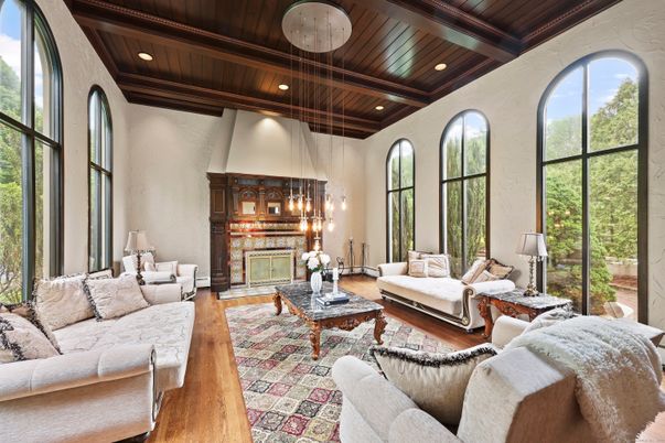 Fireplace, Interior, Living room, Pendant Lights, Recessed Lighting, Wooden Beams, Wooden Ceilings, Wood Texture Flooring