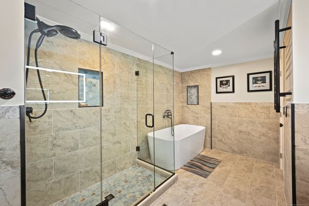 Bathroom, Free Standing Baths, Glass Shower, Interior, Recessed Lighting