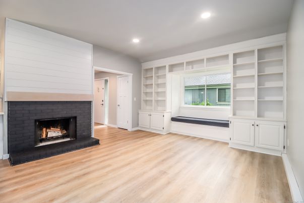 Empty room, Fireplace, Interior, Recessed Lighting, Wood Texture Flooring