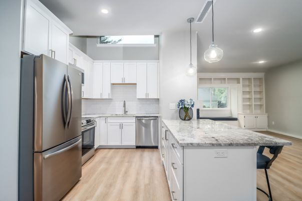 Interior, Kitchen, Pendant Lights, Recessed Lighting, Stainless Steel Appliances, Wood Texture Flooring