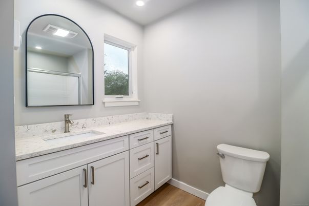 Bathroom, Interior, Recessed Lighting, Wood Texture Flooring