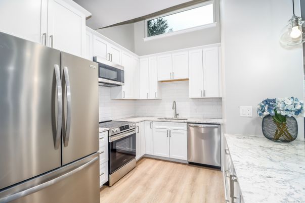 Interior, Kitchen, Pendant Lights, Stainless Steel Appliances, Wood Texture Flooring