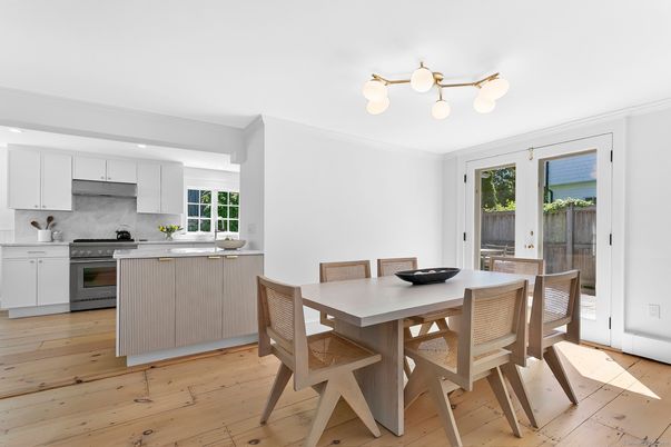 Dining room, Interior, Kitchen, Recessed Lighting, Stainless Steel Appliances, Wood Texture Flooring