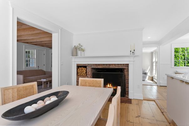 Dining room, Fireplace, Interior, Recessed Lighting, Wooden Ceilings, Wood Texture Flooring