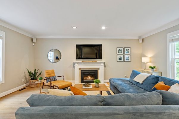 Fireplace, Interior, Living room, Recessed Lighting, Wood Texture Flooring