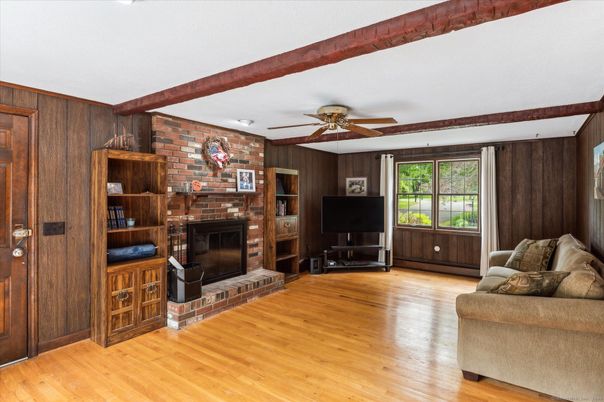 Fireplace, Interior, Living room, Stone Walls, Wooden Beams, Wood Texture Flooring