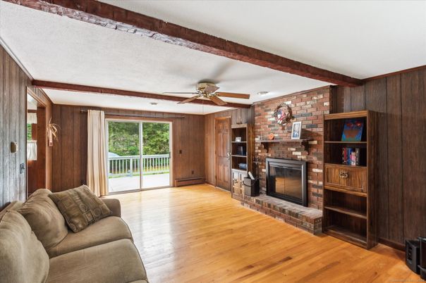 Fireplace, Interior, Living room, Stone Walls, Wood Texture Flooring, Wooden Walls