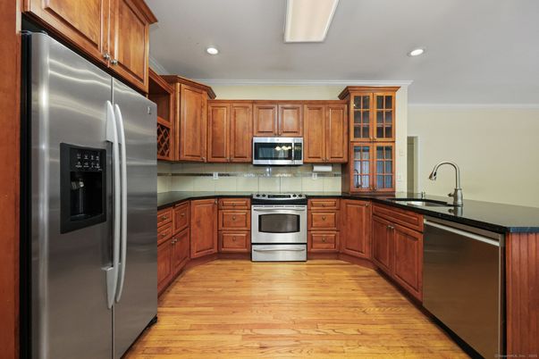 Interior, Kitchen, Recessed Lighting, Stainless Steel Appliances, Wood Texture Flooring