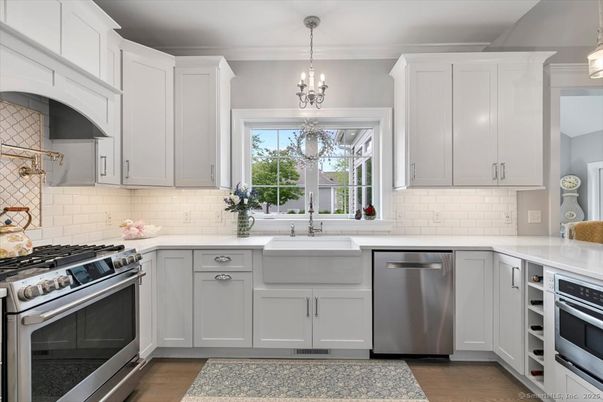 Chandelier, Interior, Kitchen, Pendant Lights, Stainless Steel Appliances, Wood Texture Flooring