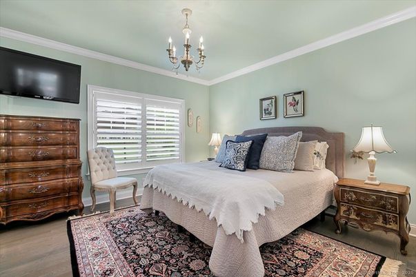 Bedroom, Chandelier, Interior, Wood Texture Flooring