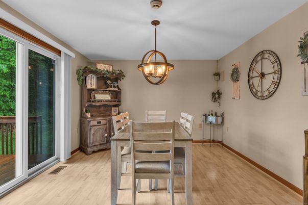 Dining room, Interior, Pendant Lights, Wood Texture Flooring