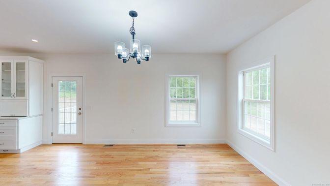 Chandelier, Empty room, Interior, Recessed Lighting, Wood Texture Flooring