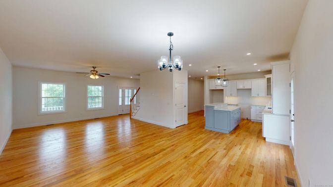 Chandelier, Empty room, Interior, Kitchen, Pendant Lights, Recessed Lighting, Wood Texture Flooring