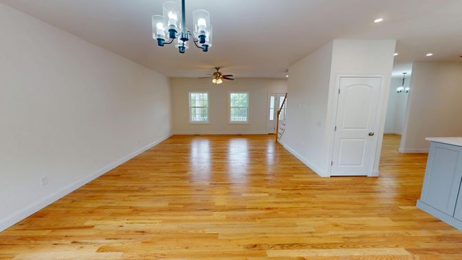 Chandelier, Empty room, Interior, Recessed Lighting, Wood Texture Flooring