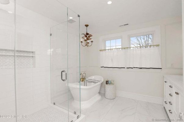 Bathroom, Free Standing Baths, Glass Shower, Interior, Marble, Recessed Lighting