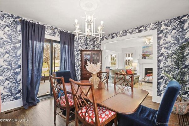 Chandelier, Dining room, Fireplace, Interior, Living room, Wood Texture Flooring