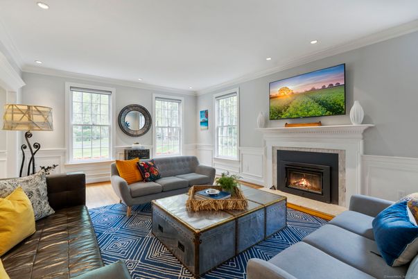 Fireplace, Interior, Living room, Recessed Lighting, Wood Texture Flooring