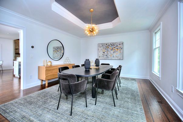 Dining room, Interior, Pendant Lights, Wood Texture Flooring