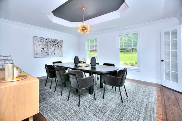 Dining room, Interior, Pendant Lights, Wood Texture Flooring
