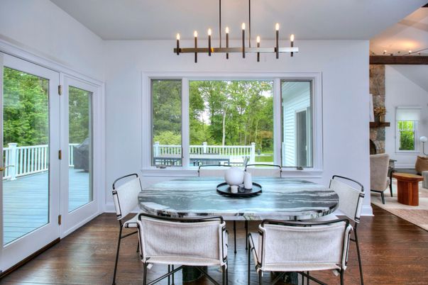 Dining room, Interior, Pendant Lights, Wood Texture Flooring