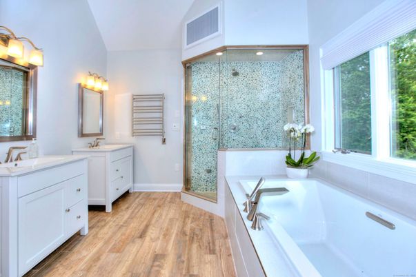 Bathroom, Dual Sink Vanities, Glass Shower, Interior, Wood Texture Flooring