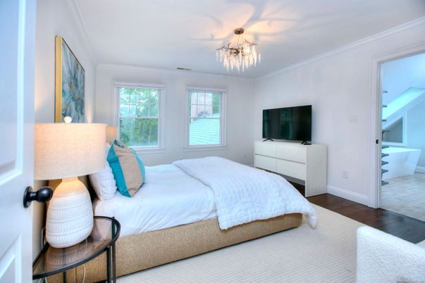 Bedroom, Chandelier, Interior, Wood Texture Flooring