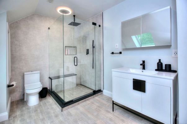Bathroom, Glass Shower, Interior, Wood Texture Flooring